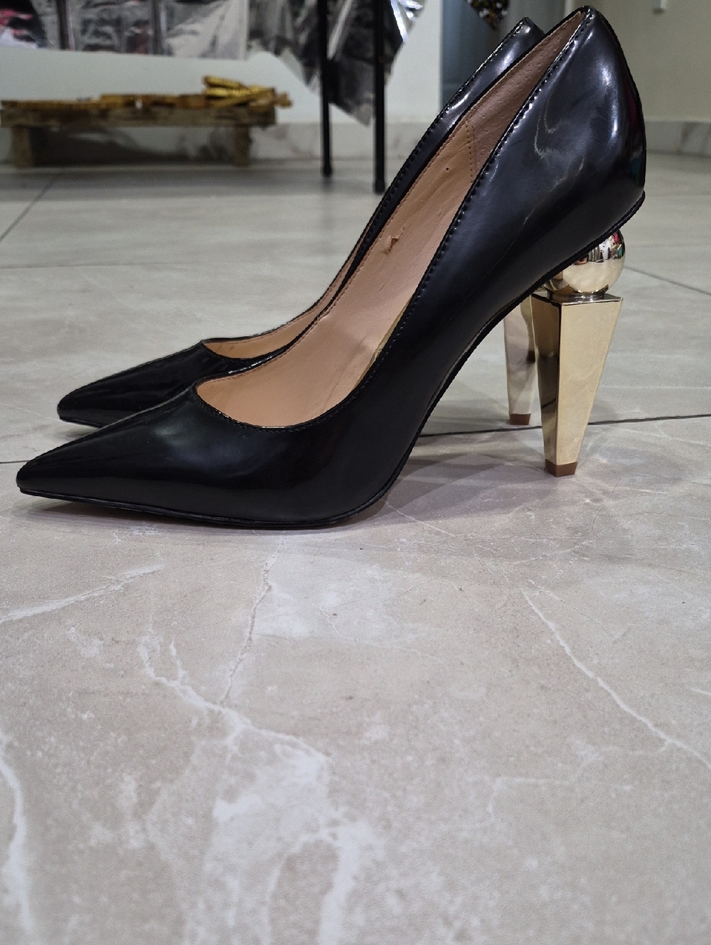 Katy Perry Collections Black Pointed Pumps with Gold Sculptural Heel